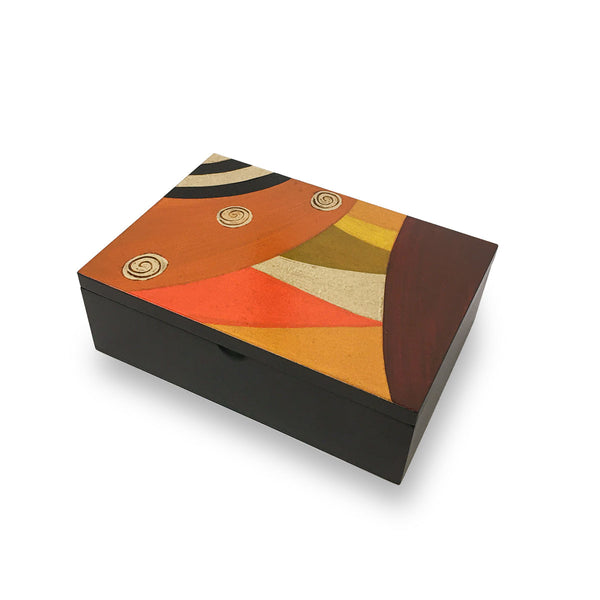 Hand-painted Brazilian wood keepsake box, small rectangle, Orange Suns