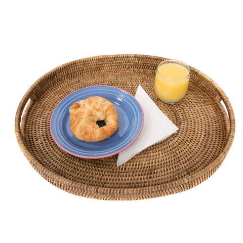 Woven rattan large oval tray with cutout handles
