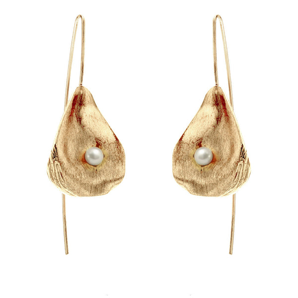Satin-finish gold vermeil and pearl oyster shell drop earrings